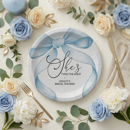 She's Tying the Knot Bridal Shower Plates, Blue Bow Personalized - Pretty Gifted
