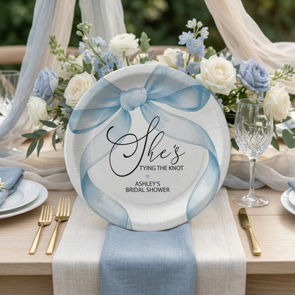 She's Tying the Knot Bridal Shower Plates, Blue Bow Personalized - Pretty Gifted
