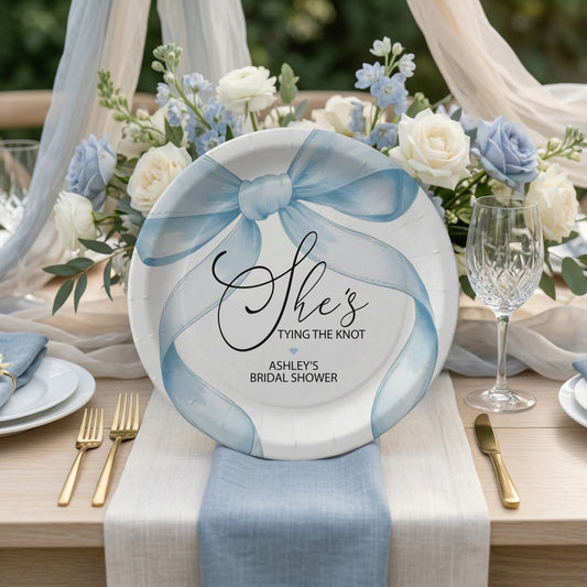 She's Tying the Knot Bridal Shower Plates, Blue Bow Personalized - Pretty Gifted
