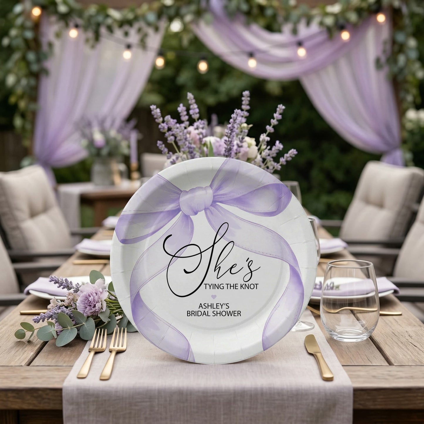 She's Tying the Knot Bridal Shower Plates, Lilac Bow Party - Pretty Gifted