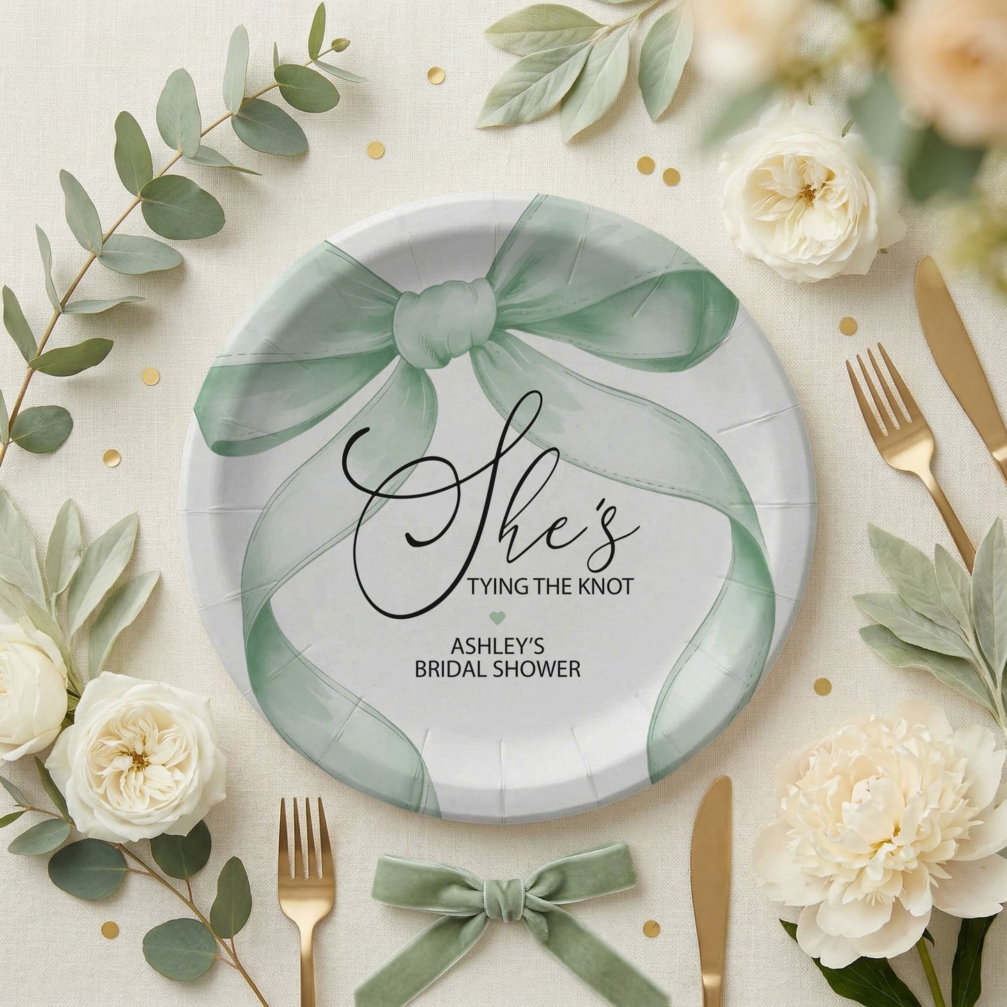 She's Tying the Knot Bridal Shower Plates, Sage Green Bow Party - Pretty Gifted