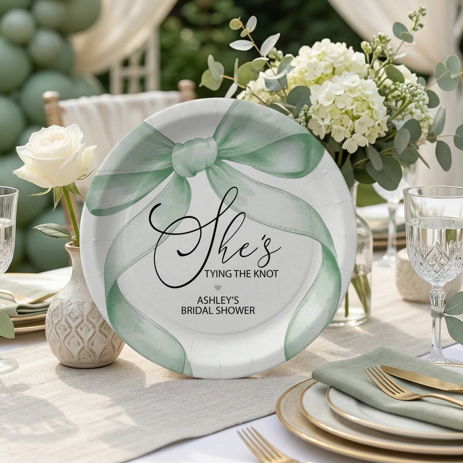 She's Tying the Knot Bridal Shower Plates, Sage Green Bow Party - Pretty Gifted