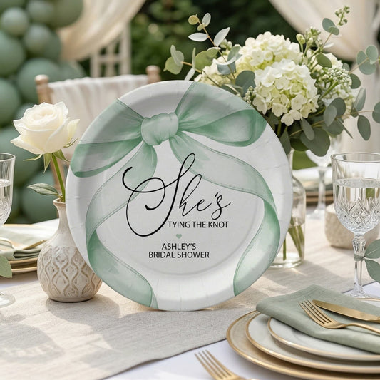 She's Tying the Knot Bridal Shower Plates, Sage Green Bow Party - Pretty Gifted