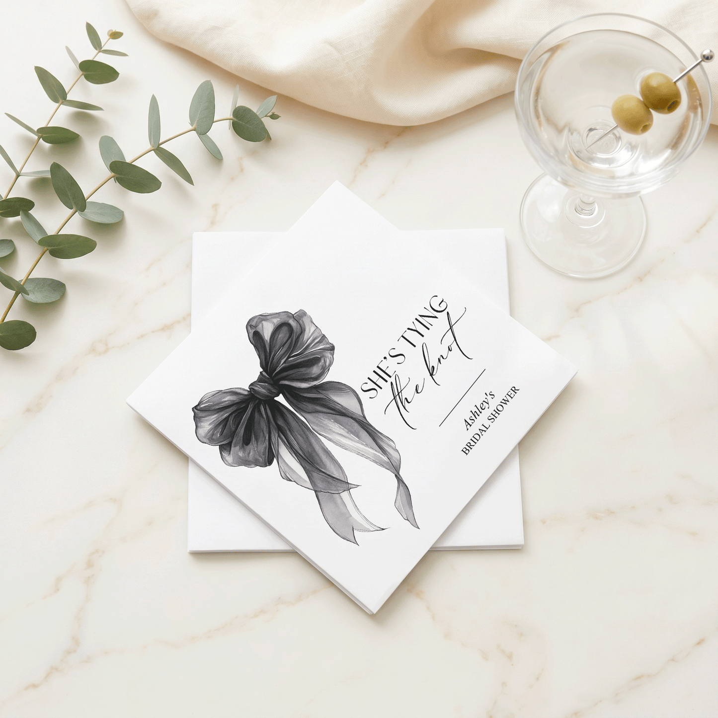 She's Tying the Knot Napkins, Black Bow Bridal Shower Cocktail Napkins - Pretty Gifted