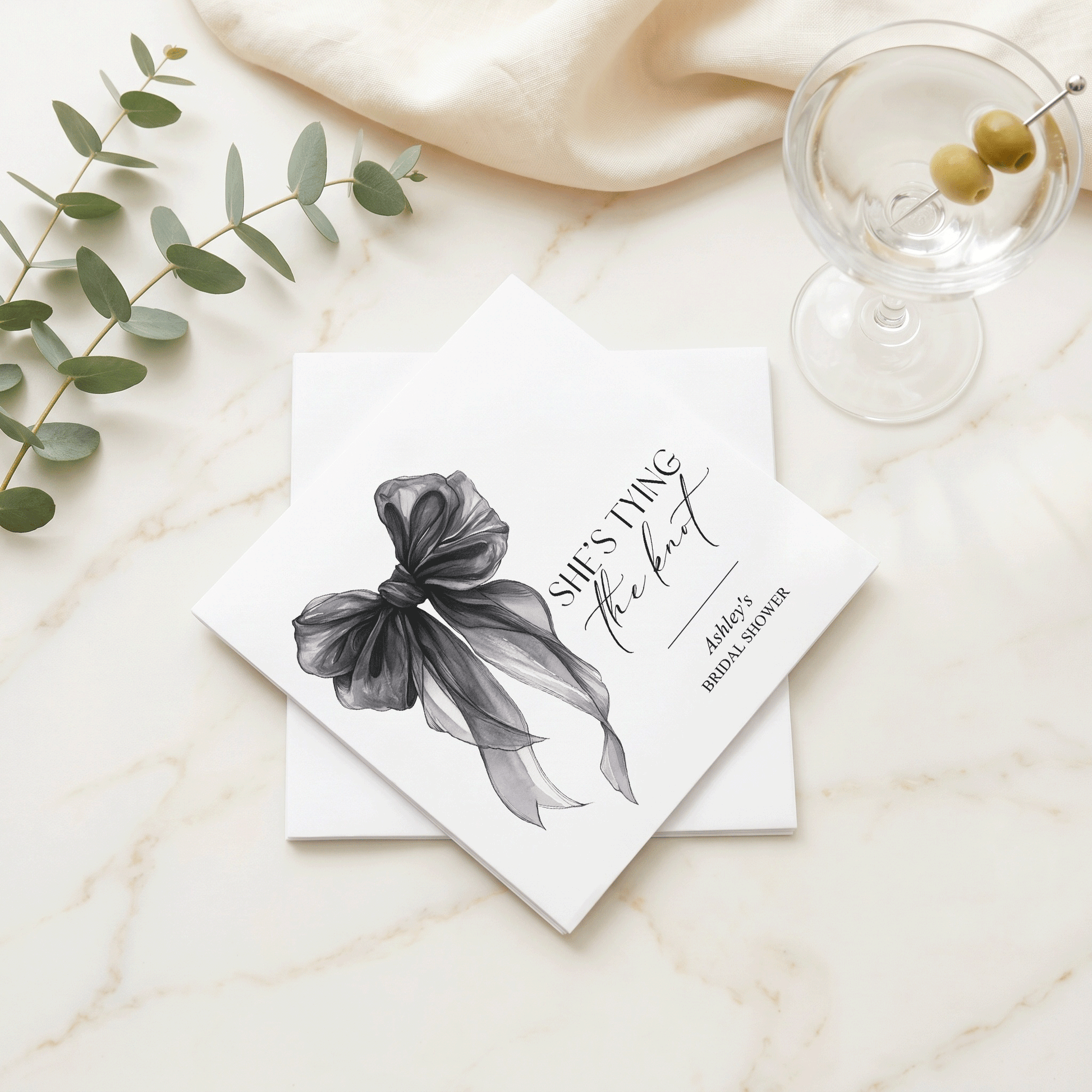 She's Tying the Knot Napkins, Black Bow Bridal Shower Cocktail Napkins - Pretty Gifted