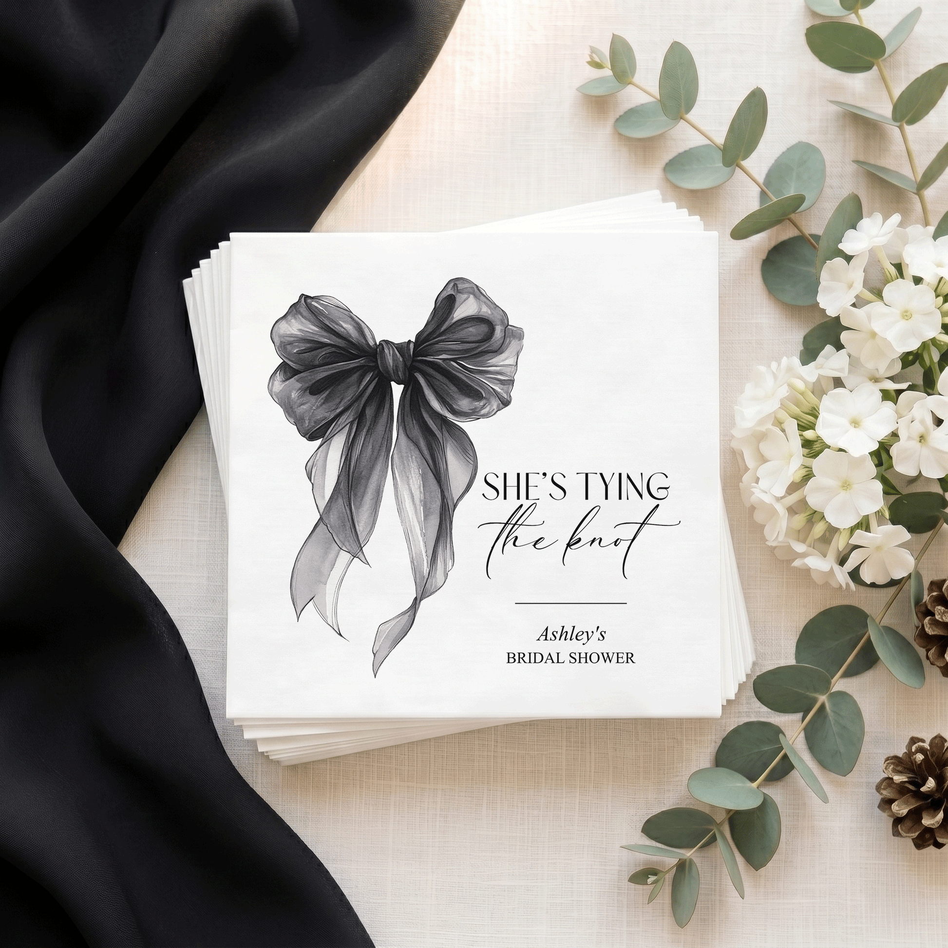 She's Tying the Knot Napkins, Black Bow Bridal Shower Cocktail Napkins - Pretty Gifted