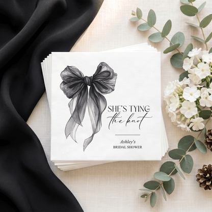 She's Tying the Knot Napkins, Black Bow Bridal Shower Cocktail Napkins - Pretty Gifted