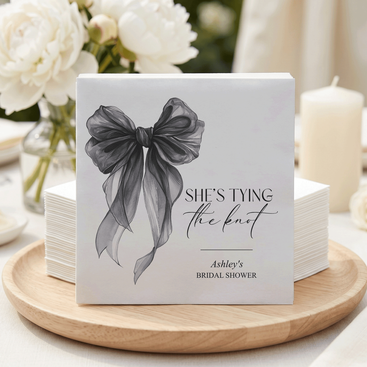 She's Tying the Knot Napkins, Black Bow Bridal Shower Cocktail Napkins - Pretty Gifted