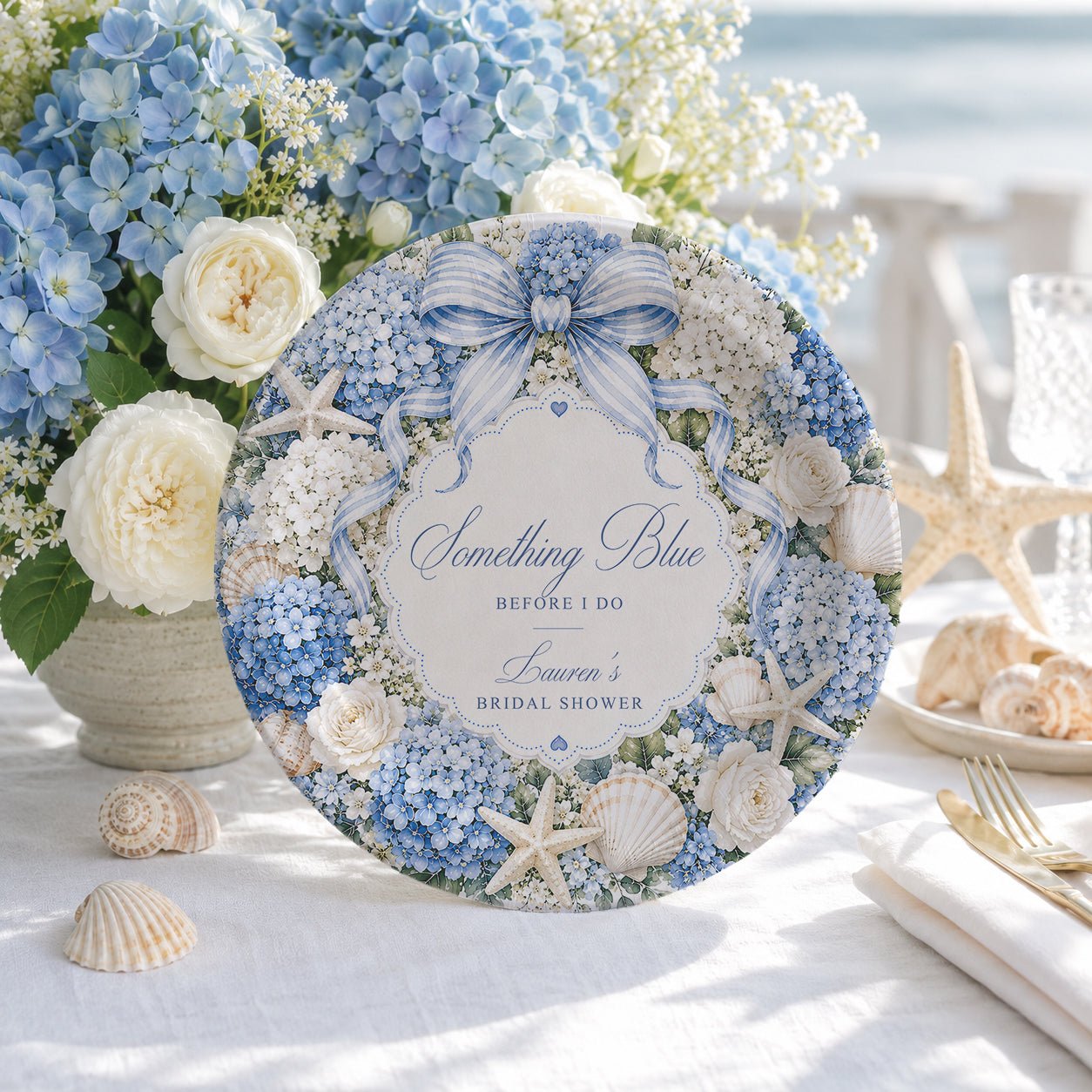 Something Blue Before I Do Bridal Shower Plates, Personalized Coastal Hydrangea - Pretty Gifted