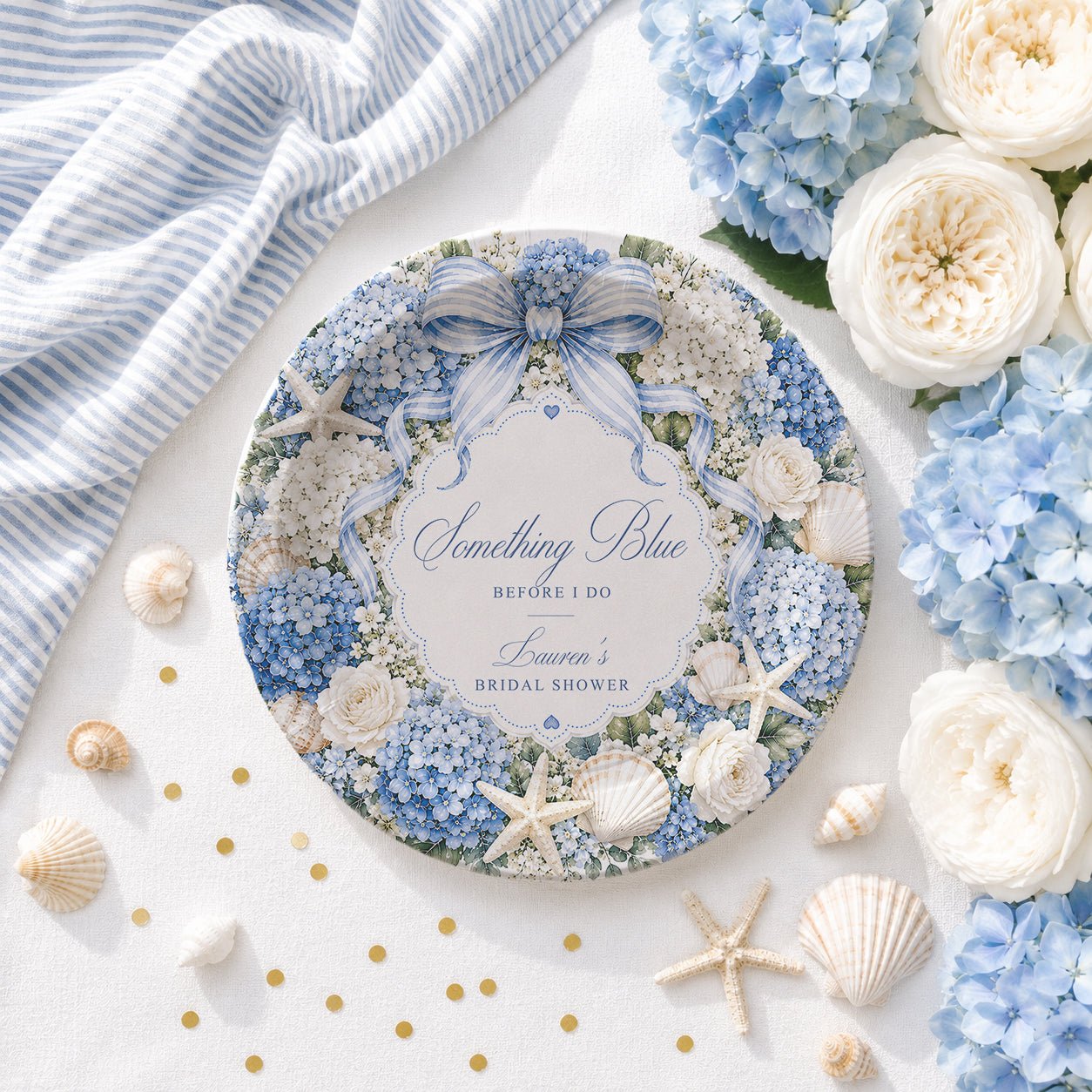 Something Blue Before I Do Bridal Shower Plates, Personalized Coastal Hydrangea - Pretty Gifted