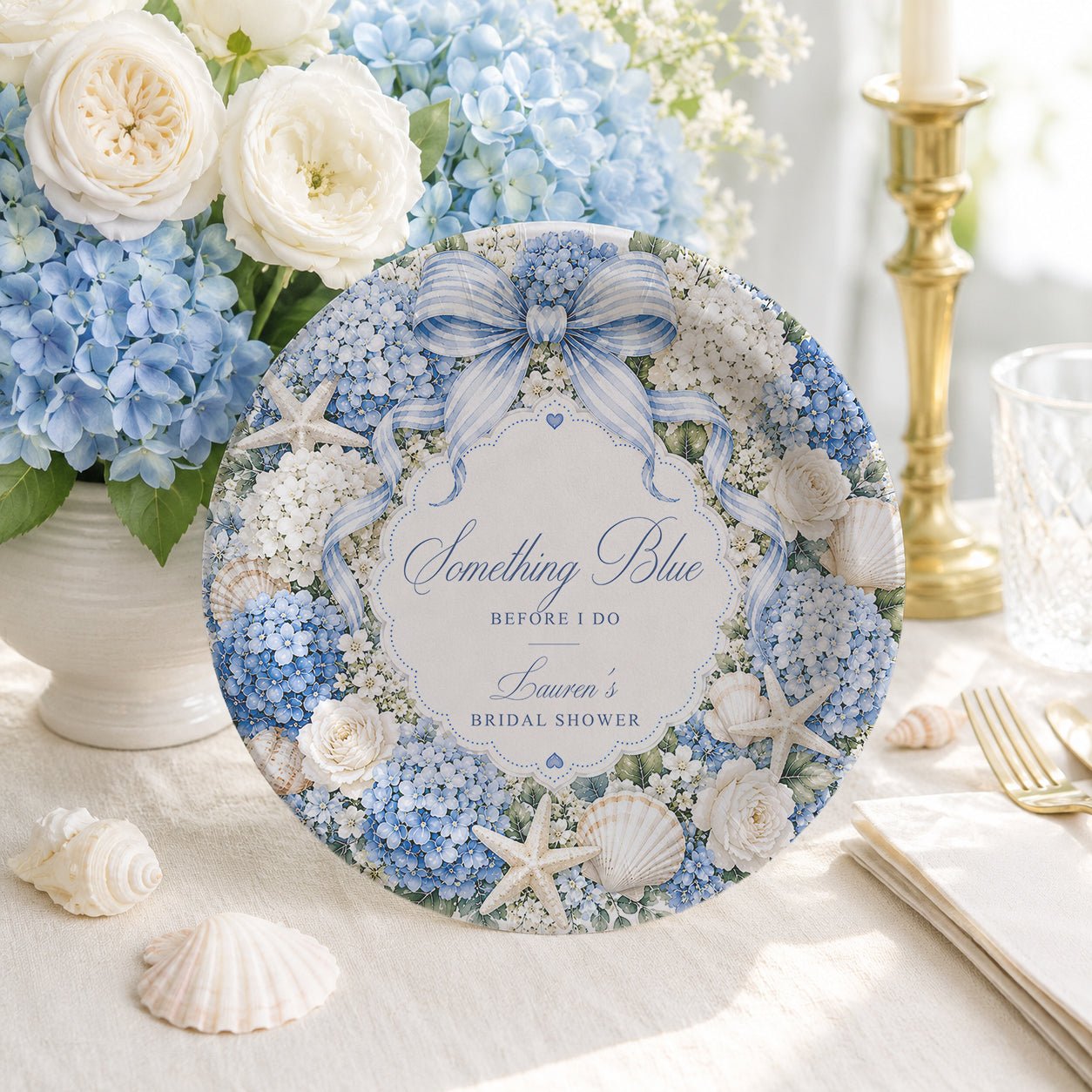 Something Blue Before I Do Bridal Shower Plates, Personalized Coastal Hydrangea - Pretty Gifted