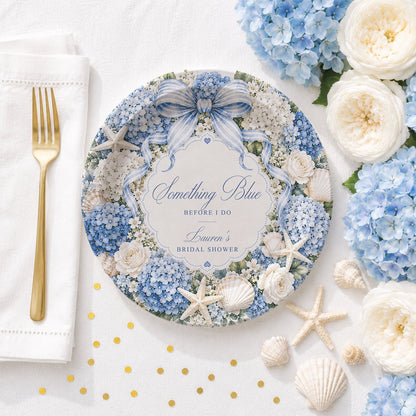 Something Blue Before I Do Bridal Shower Plates, Personalized Coastal Hydrangea - Pretty Gifted