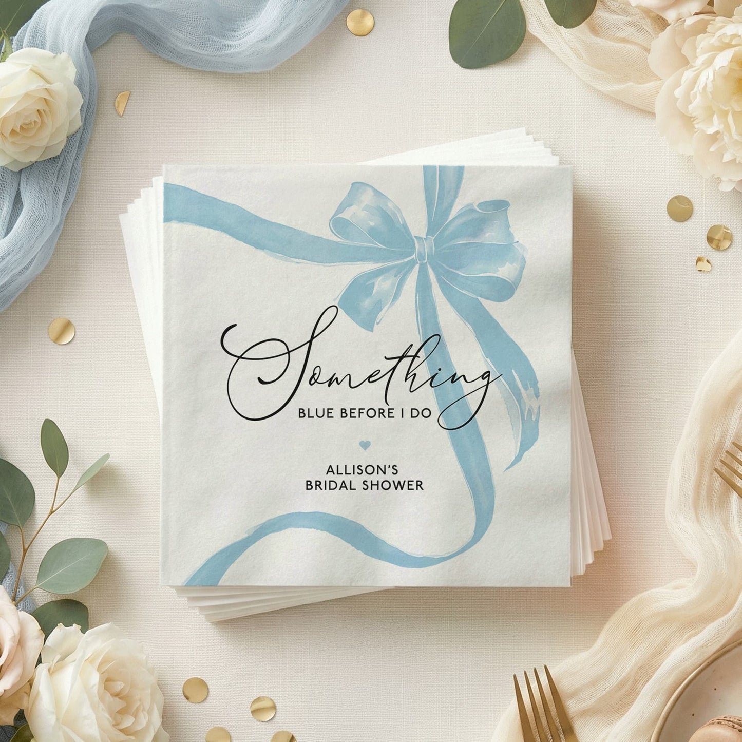 Something Blue Bridal Shower Napkins, Blue Bow Personalized Party - Pretty Gifted