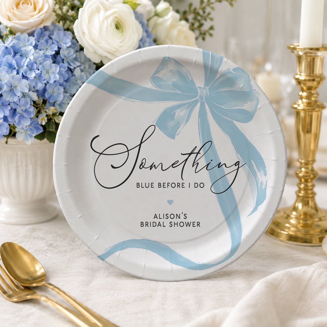 Something Blue Bridal Shower Paper Plates – Personalized Blue Bow Design - Pretty Gifted