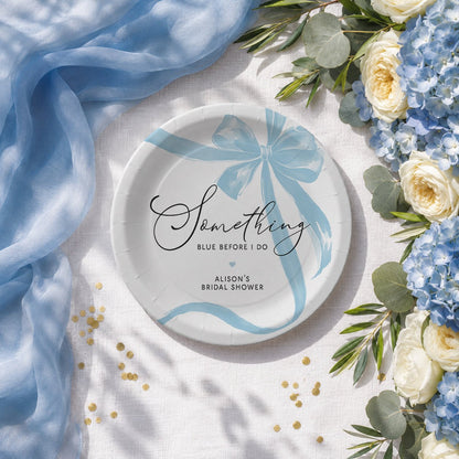 Something Blue Bridal Shower Paper Plates – Personalized Blue Bow Design - Pretty Gifted