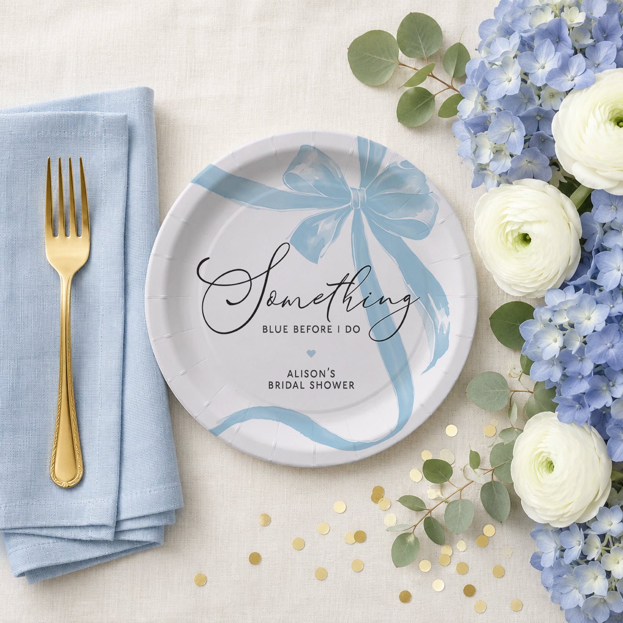 Something Blue Bridal Shower Paper Plates – Personalized Blue Bow Design - Pretty Gifted