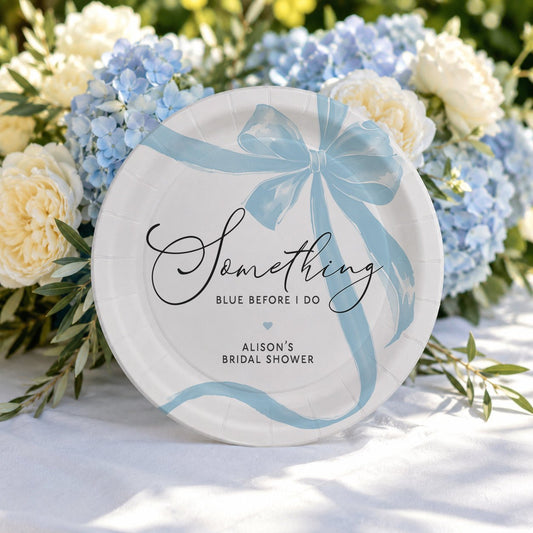 Something Blue Bridal Shower Paper Plates – Personalized Blue Bow Design - Pretty Gifted