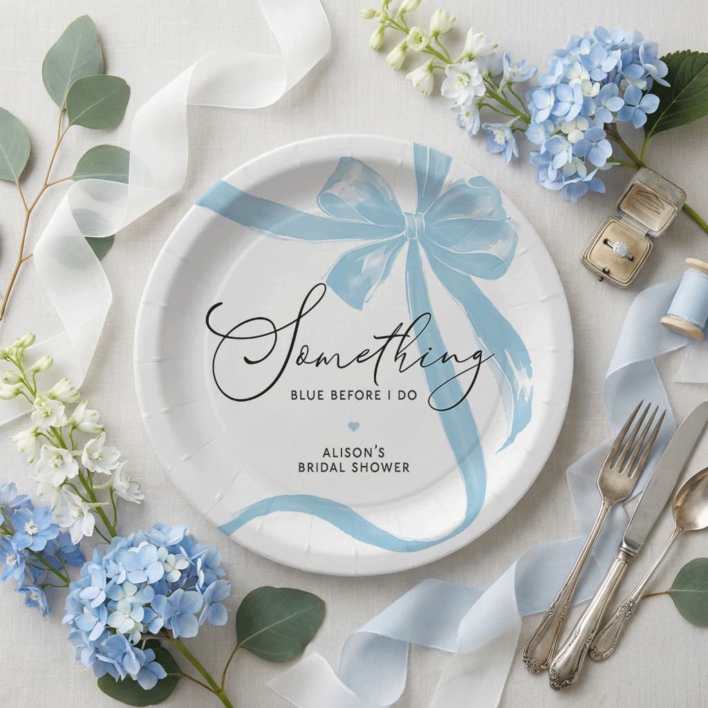 Something Blue Bridal Shower Plates, Blue Bow Personalized Party - Pretty Gifted