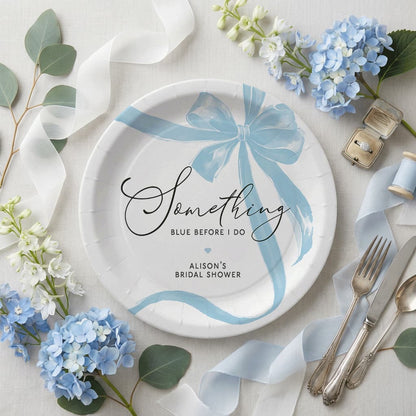 Something Blue Bridal Shower Plates, Blue Bow Personalized Party - Pretty Gifted