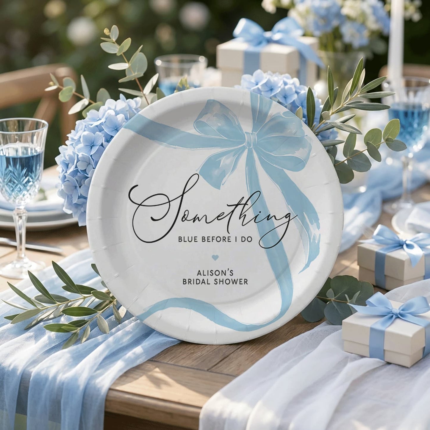 Something Blue Bridal Shower Plates, Blue Bow Personalized Party - Pretty Gifted