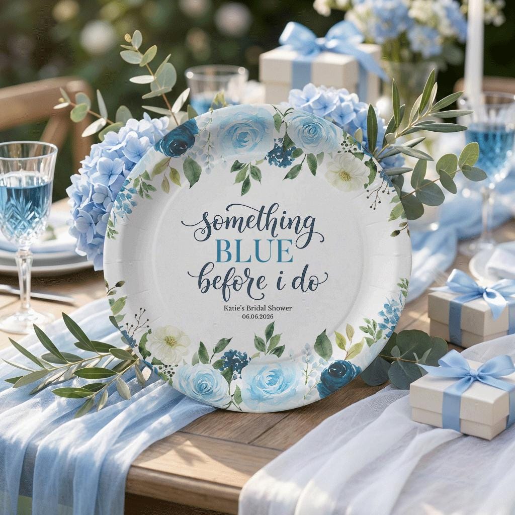 Something Blue Bridal Shower Plates, Personalized Floral Party - Pretty Gifted