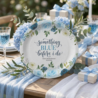 Something Blue Bridal Shower Plates, Personalized Floral Party - Pretty Gifted