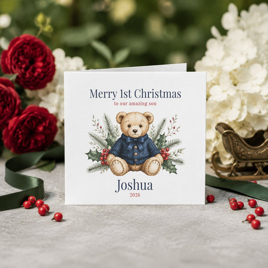 Son First Christmas Card, Heirloom Teddy Bear Keepsake - Pretty Gifted