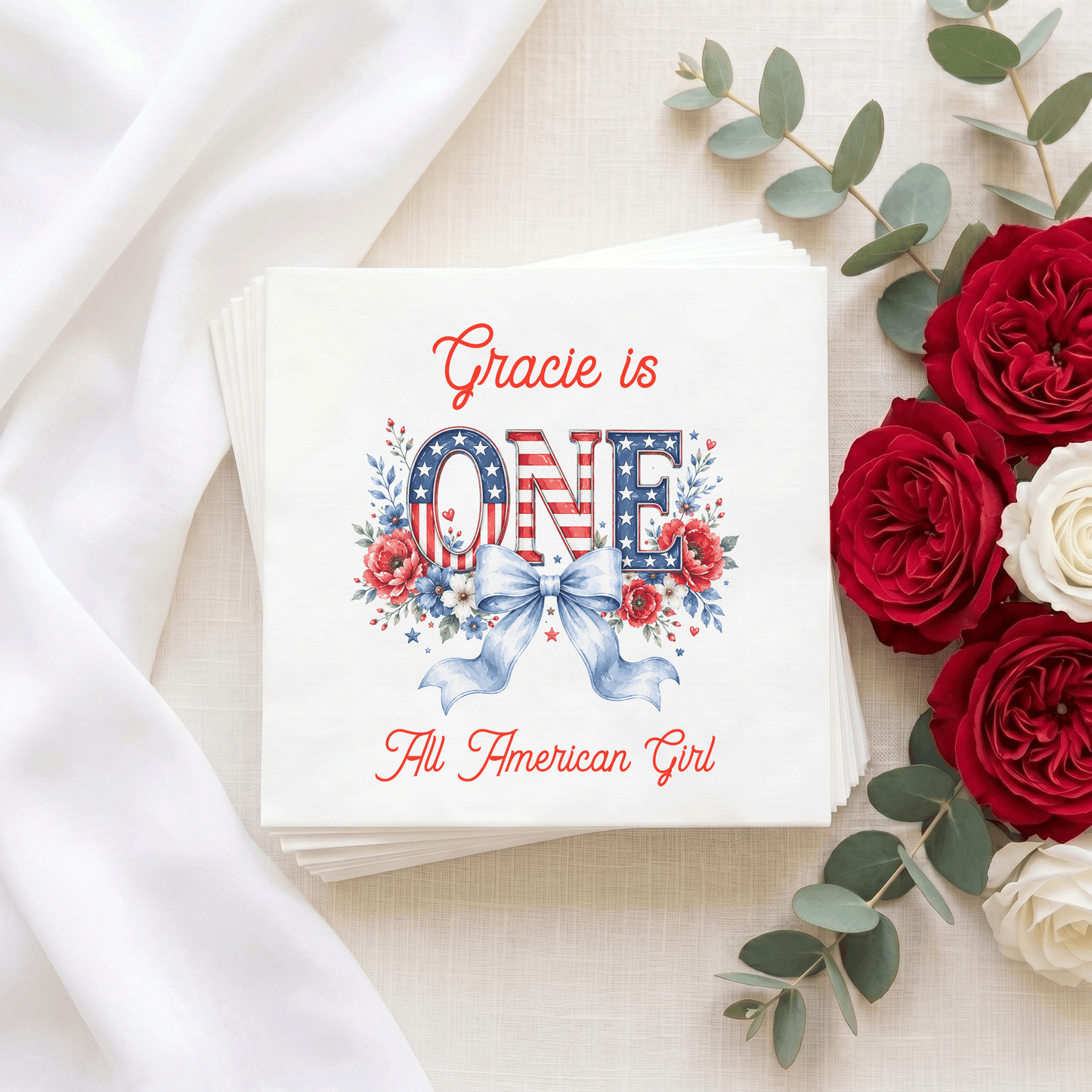 Stars and Stripes First Birthday Napkins, Coquette Patriotic - Pretty Gifted