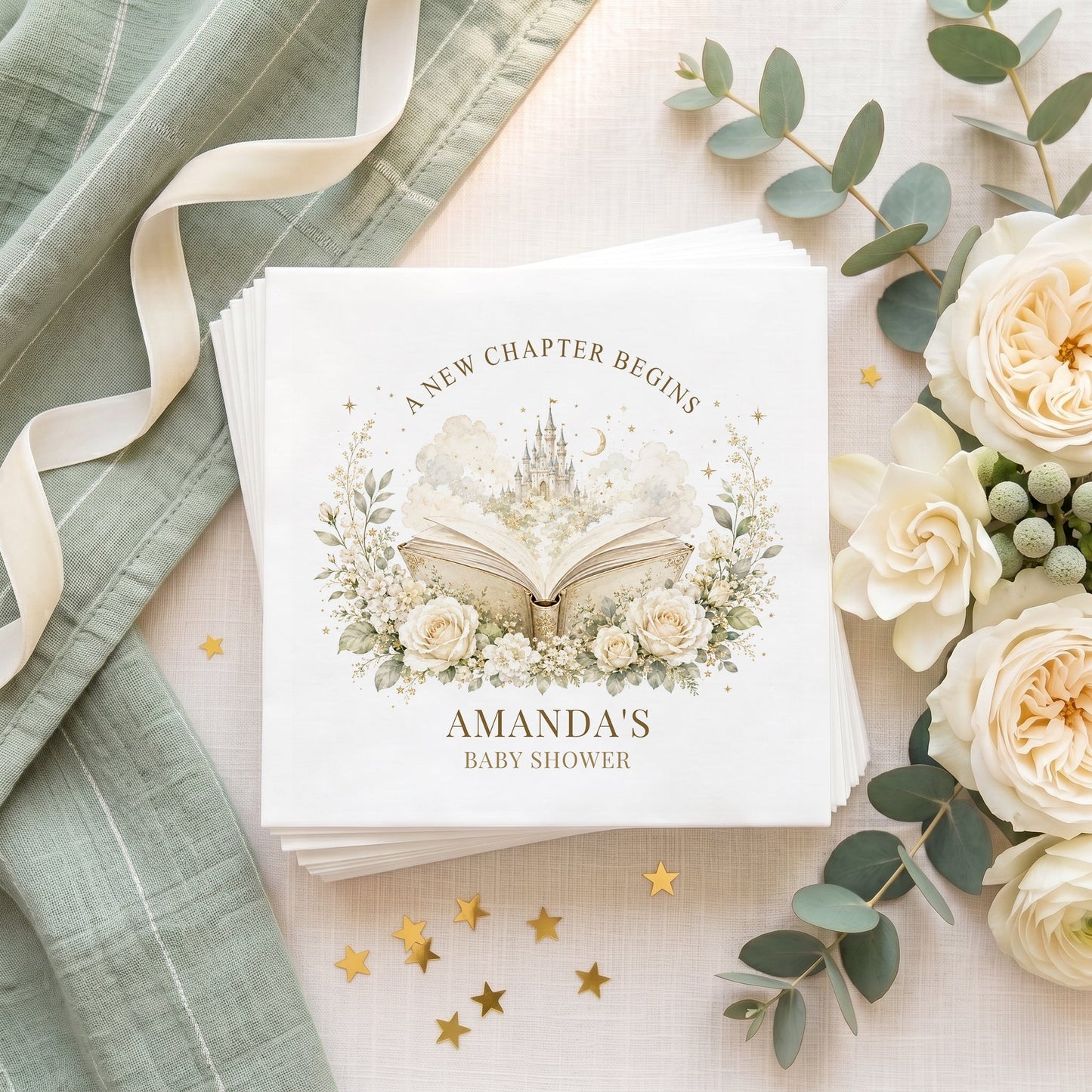 Storybook Castle Baby Shower Napkins, Ivory and Gold - Pretty Gifted