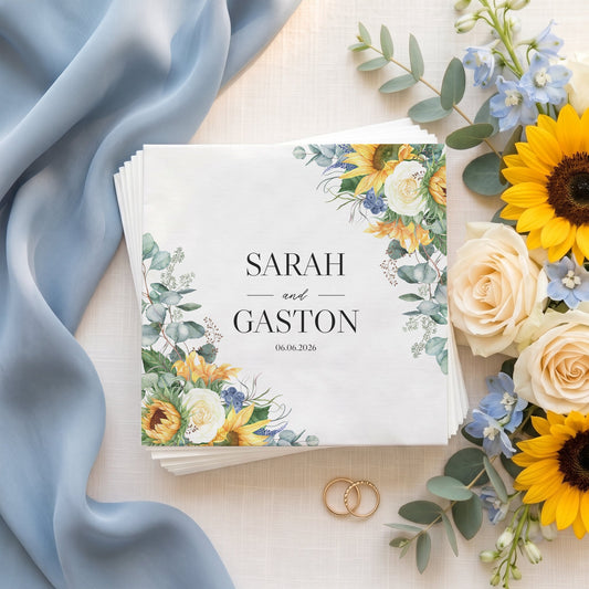 Sunflower and Blue Floral Wedding Napkins - Pretty Gifted