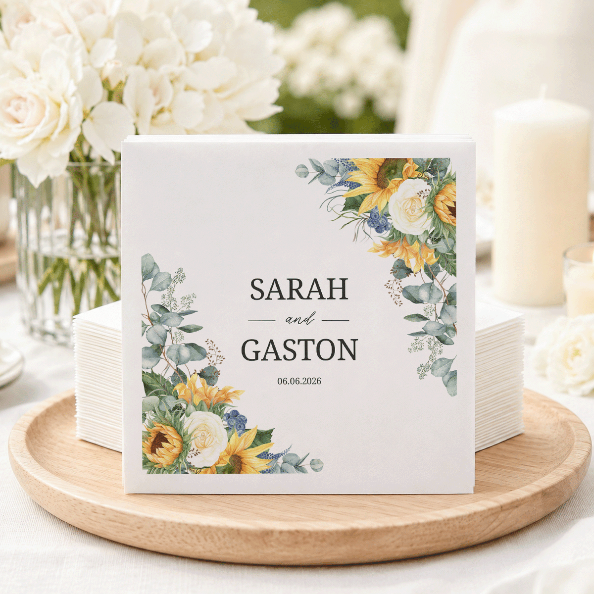 Sunflower and Dusty Blue Personalized Wedding Napkins - Pretty Gifted