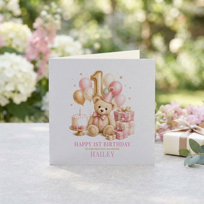 Teddy Bear 1st Birthday Card | Personalized Baby Daughter - Pretty Gifted