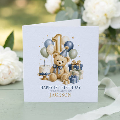 Teddy Bear 1st Birthday Card | Personalized Baby Son - Pretty Gifted