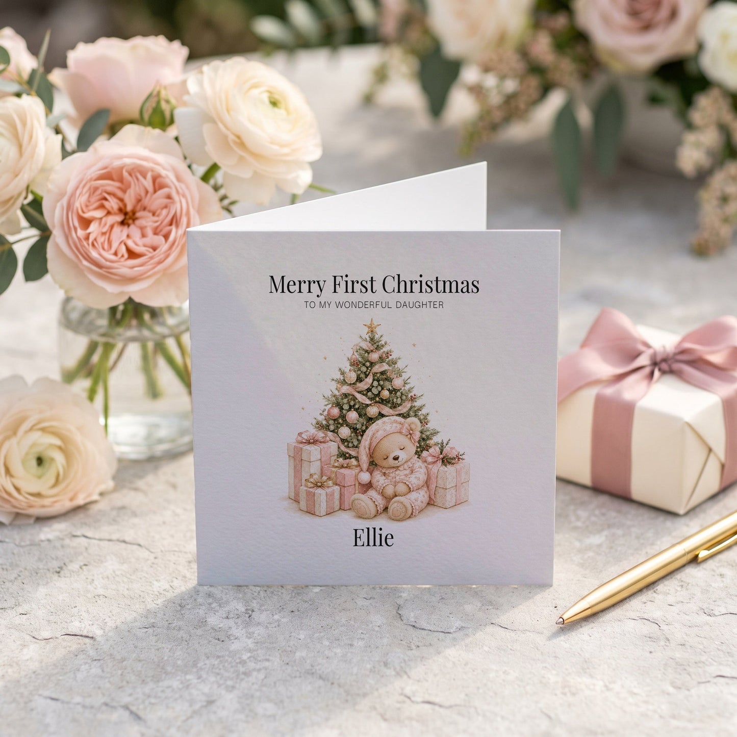Teddy Bear First Christmas Card | Personalized Baby Daughter - Pretty Gifted