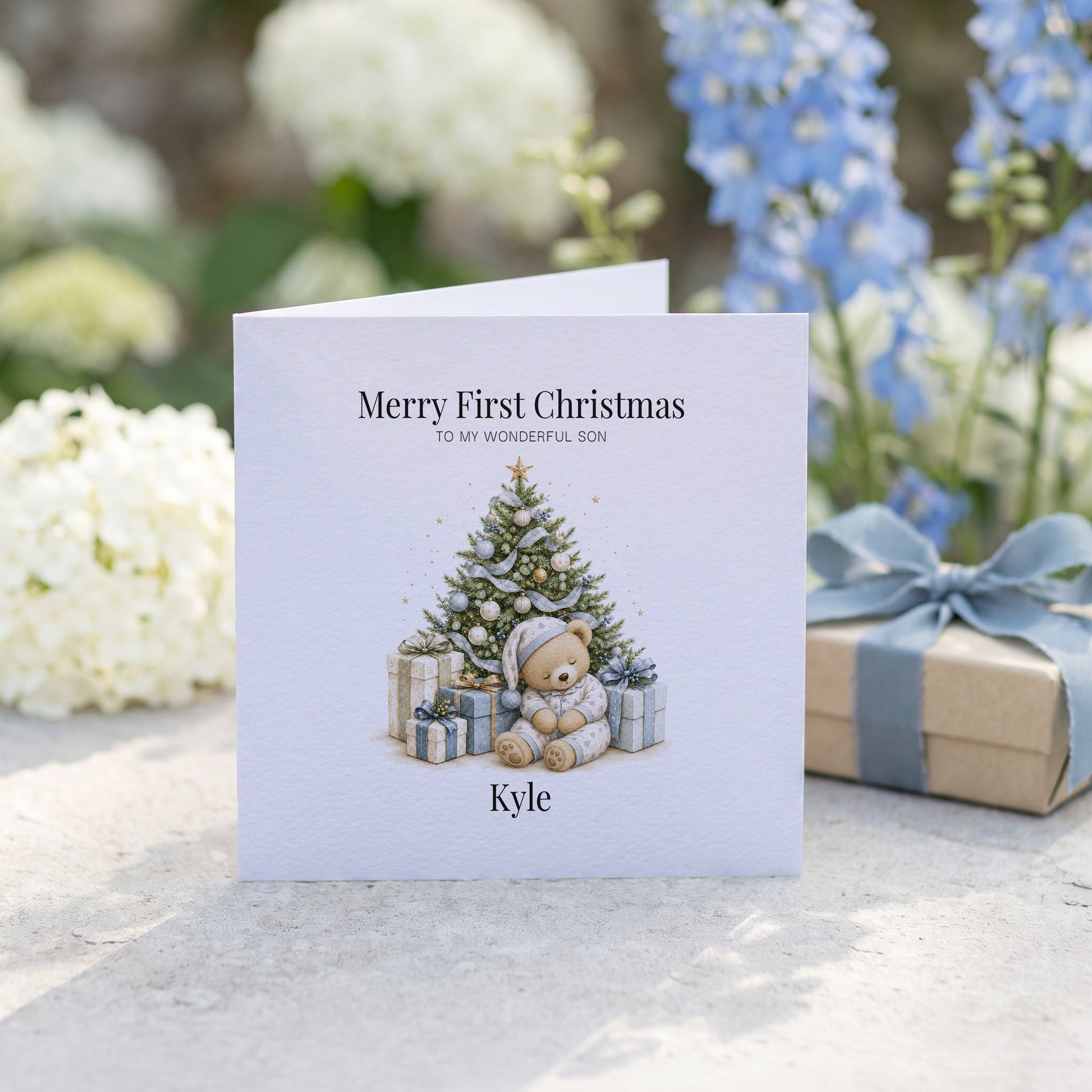 Teddy Bear First Christmas Card | Personalized Baby Son - Pretty Gifted