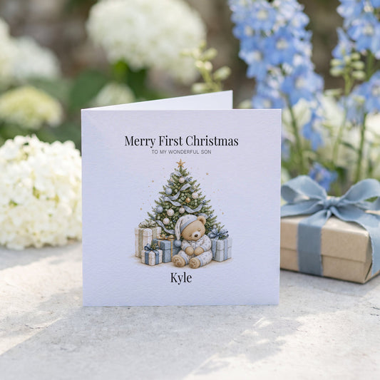 Teddy Bear First Christmas Card | Personalized Baby Son - Pretty Gifted