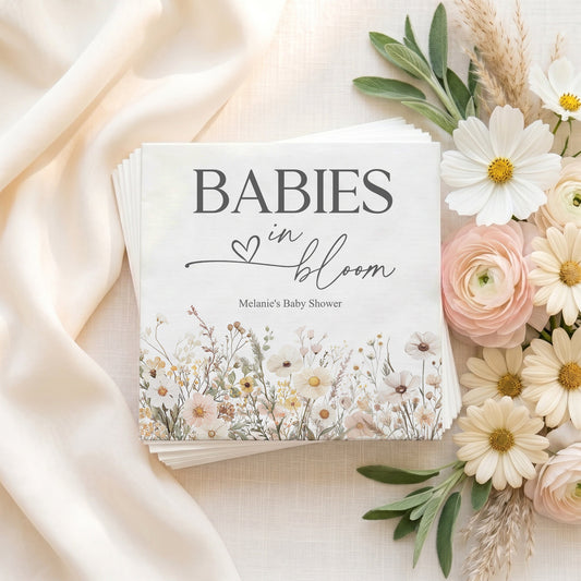 Twins Baby Shower Napkins, Babies in Bloom Neutral Wildflower, Personalized - Pretty Gifted