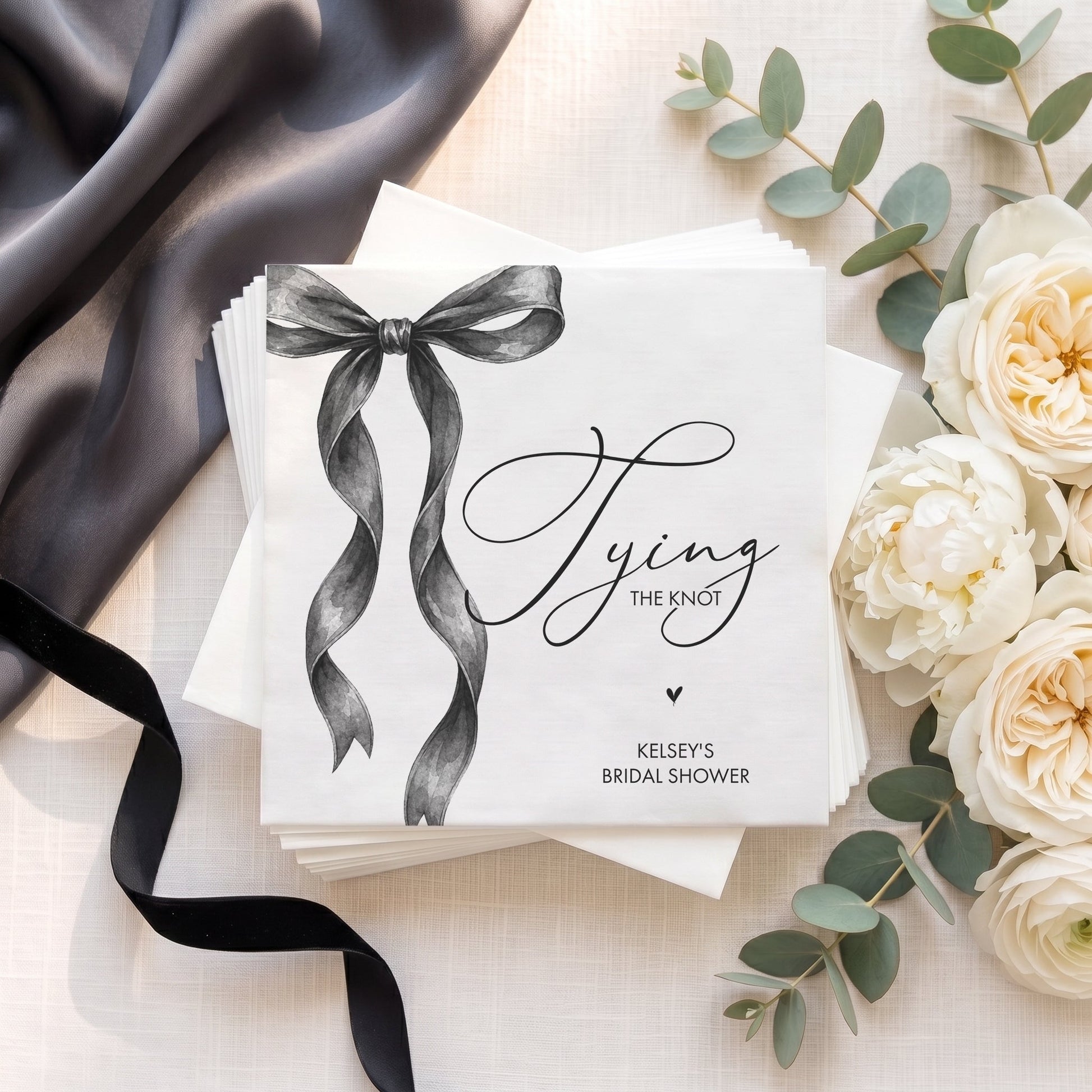 Tying the Knot Bridal Shower Napkins, Black Bow Coquette - Pretty Gifted