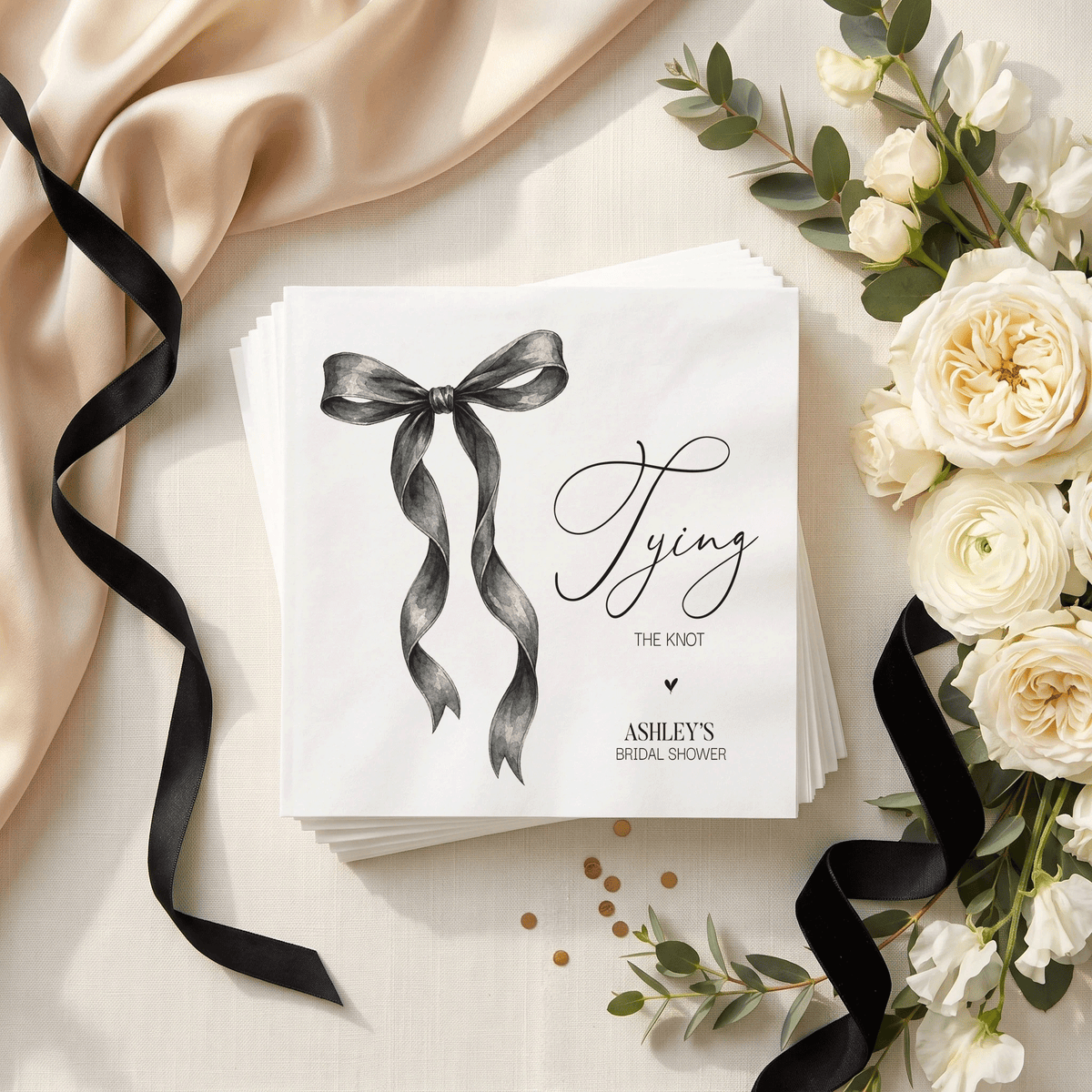 Tying the Knot Bridal Shower Napkins, Black Watercolor Bow - Pretty Gifted