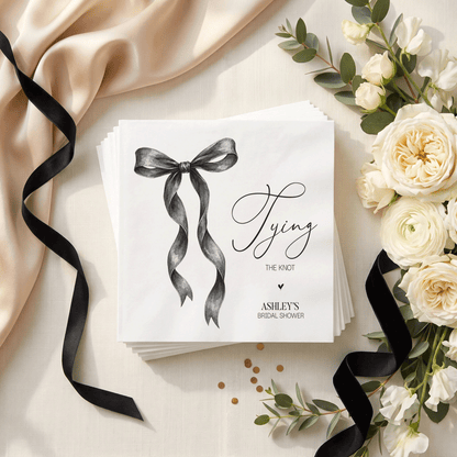 Tying the Knot Bridal Shower Napkins, Black Watercolor Bow - Pretty Gifted