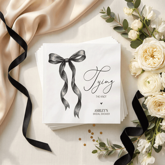 Tying the Knot Bridal Shower Napkins, Black Watercolor Bow - Pretty Gifted