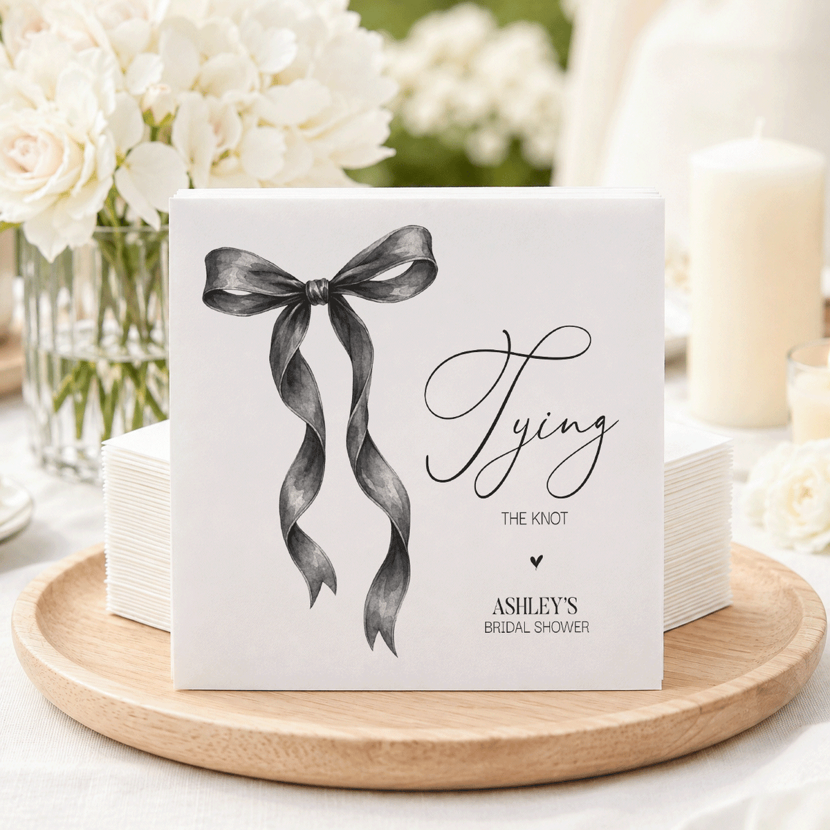 Tying the Knot Bridal Shower Napkins, Black Watercolor Bow - Pretty Gifted