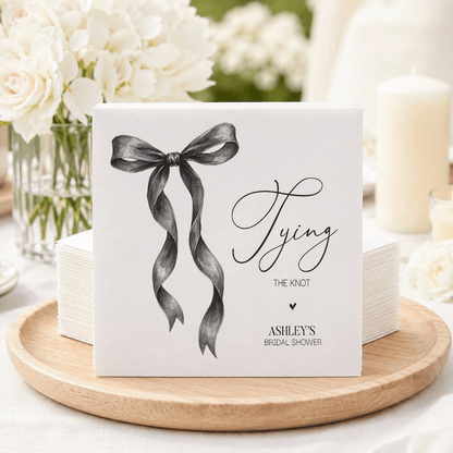 Tying the Knot Bridal Shower Napkins, Black Watercolor Bow - Pretty Gifted
