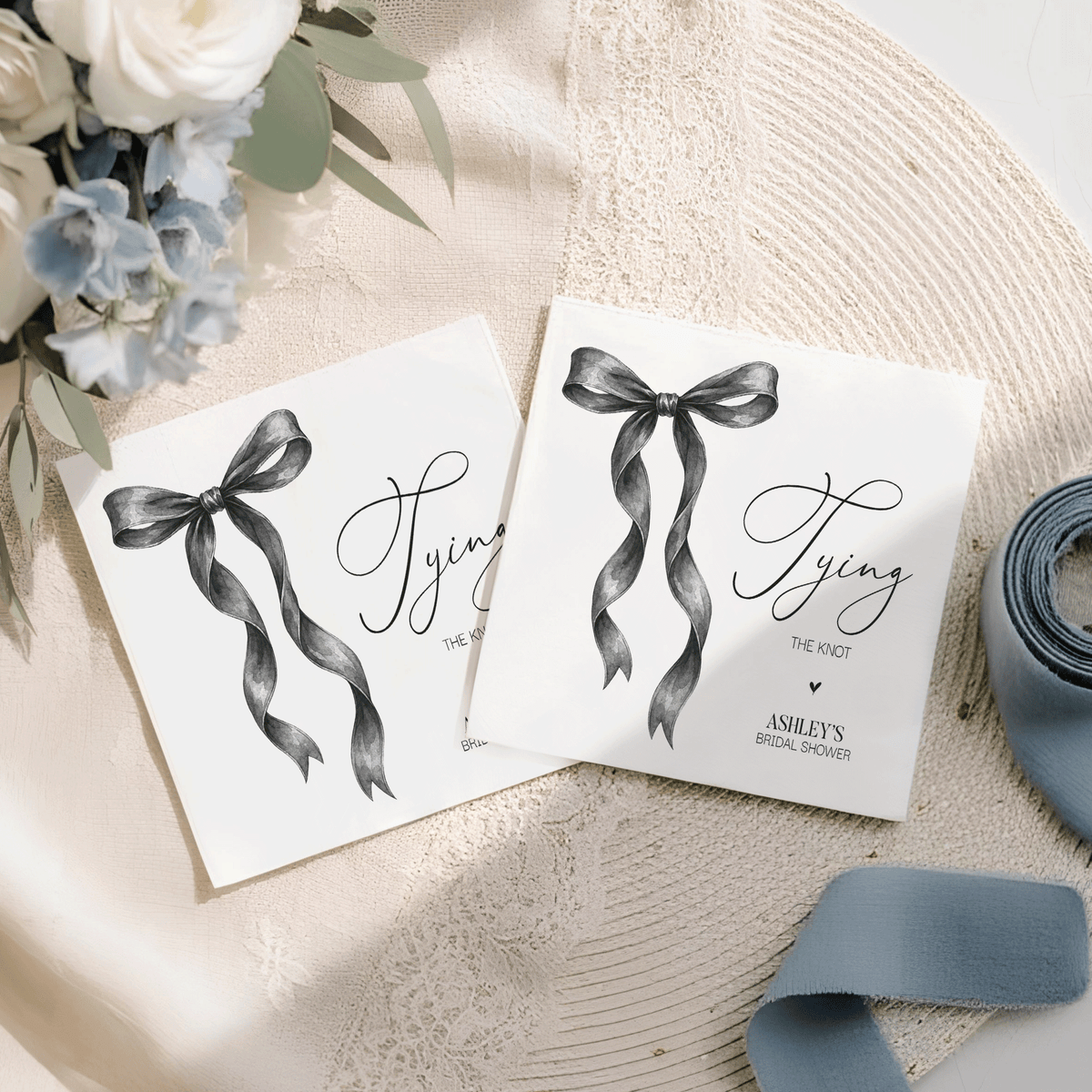Tying the Knot Bridal Shower Napkins, Black Watercolor Bow - Pretty Gifted