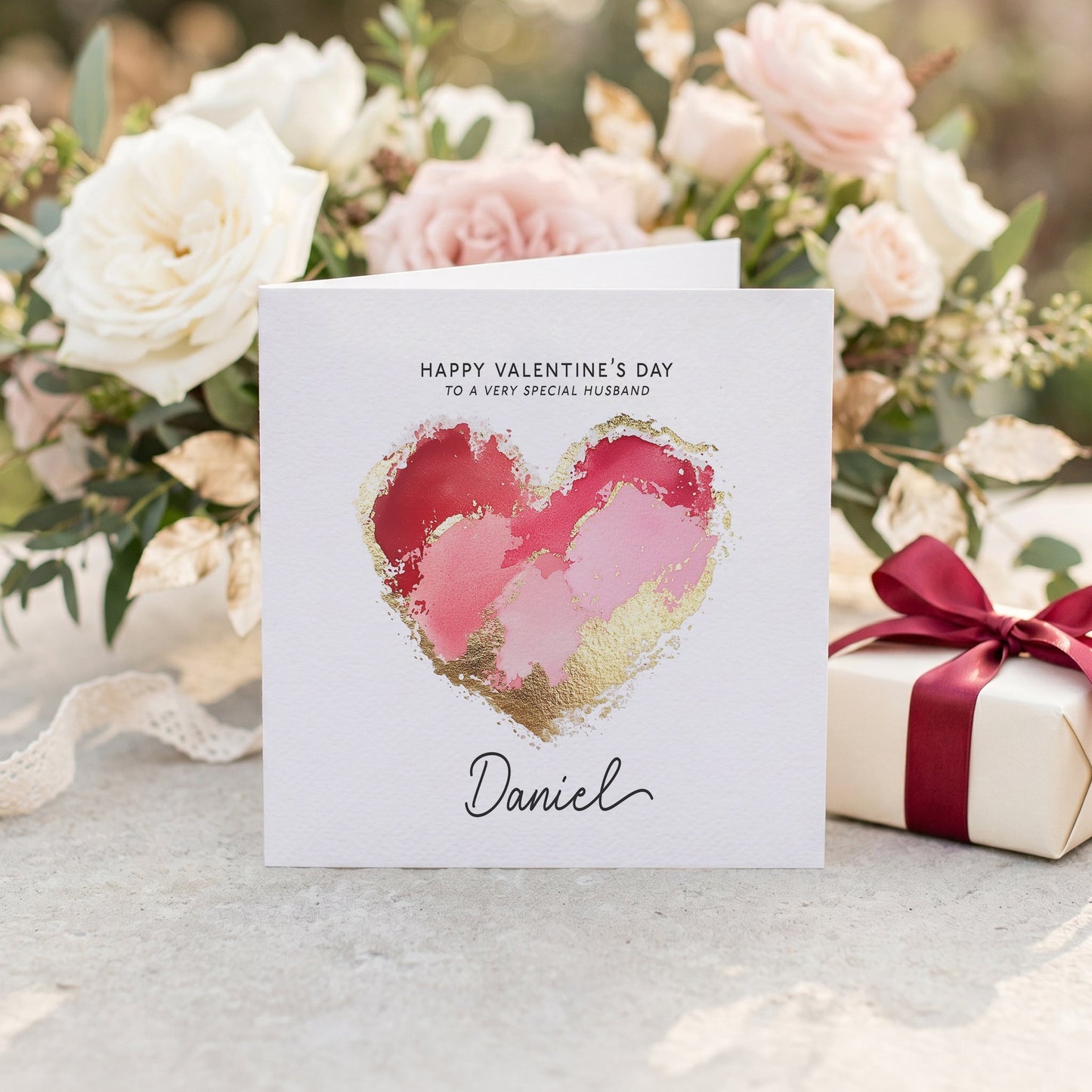 Valentine's Day Card for Husband with Gold Brushstroke Heart, Personalized - Pretty Gifted