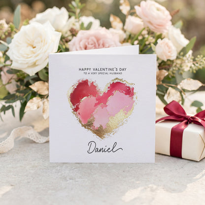 Valentine's Day Card for Husband with Gold Brushstroke Heart, Personalized - Pretty Gifted