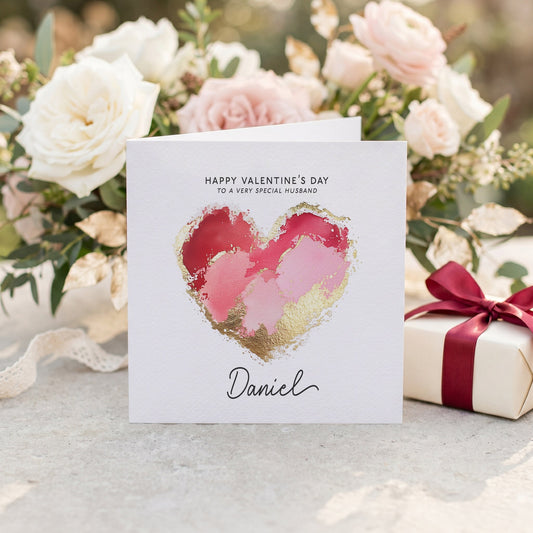 Valentine's Day Card for Husband with Gold Brushstroke Heart, Personalized - Pretty Gifted