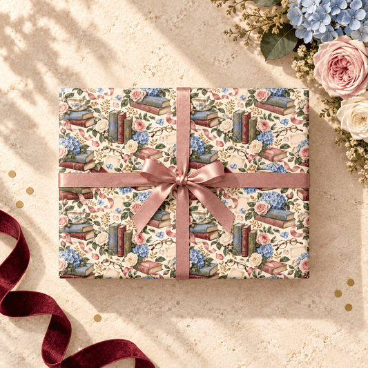 Vintage Books, Hydrangeas & Teacups Wrapping Paper - Pretty Gifted