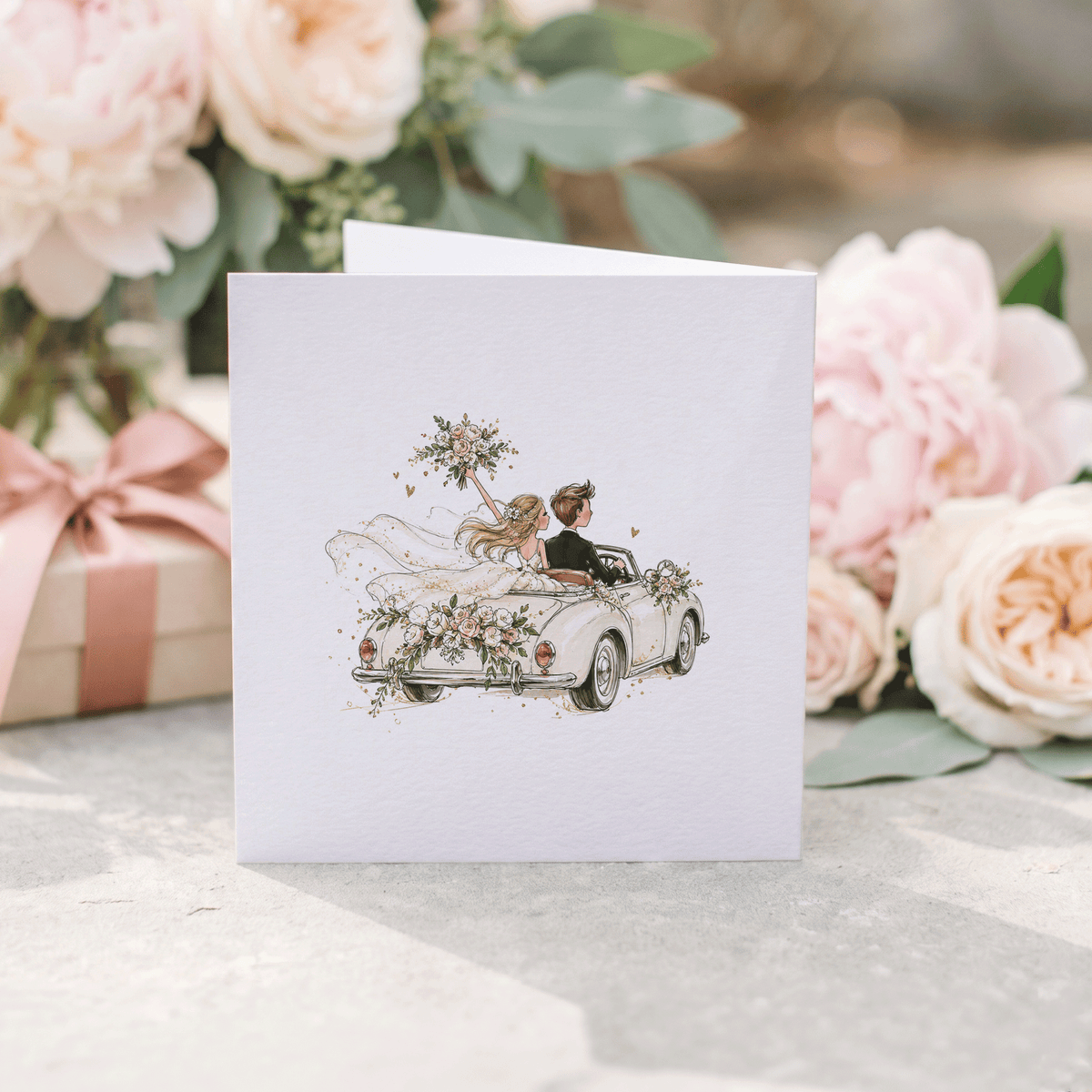 Vintage Car Wedding Card with Names, Floral Convertible - Pretty Gifted