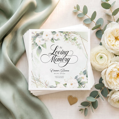 White Floral Eucalyptus In Loving Memory Memorial Napkins - Pretty Gifted